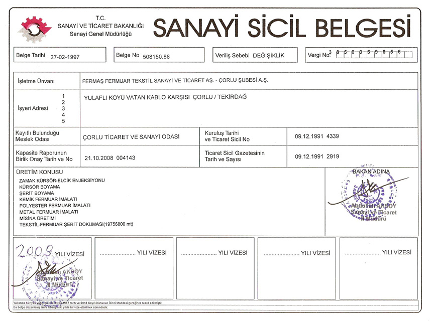 Certificate of Industry Registry